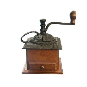 Vintage Cast Iron & Wood Manual Coffee Grinder With Ornate Design Hand Crank & S